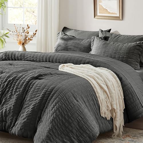 King Size Comforter Set 7 Piece, Dark Grey Bed in a Bag King Bedding Sets - Zzlpp Seersucker OEKO-TEX Certified Down Alternative Comforter with Breathable sheets&pillowcases,Lightweight,All Season