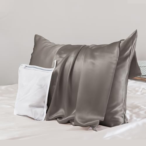 "PROMEED Grey Silk Pillowcase Standard Size - Both Sides 23 Momme Grade 6A+Mulberry Silk Pillow Case Covers for Hair and Skin, Soft and Acne Free (Standard 20""x26"", Grey)"