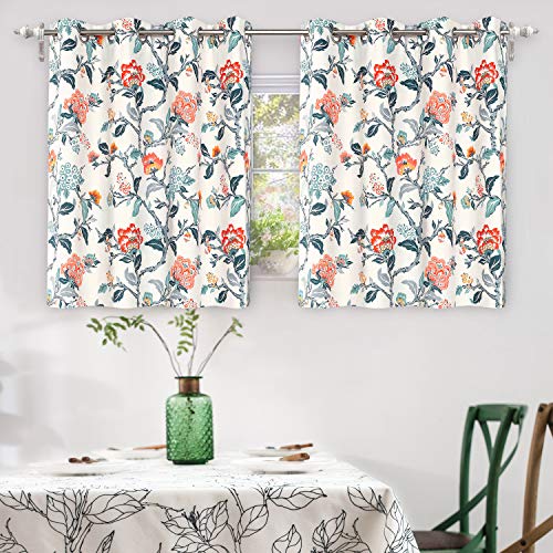 DriftAway Ada Floral Botanical Print Flower Leaf Lined Thermal Insulated Room Darkening Blackout Window Curtains 2 Layers Set of 2 Panels Each 52 Inch by 36 Inch Ivory Orange Teal