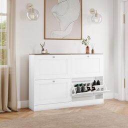 Vida Designs Altino 4 Drawer Shoe Cabinet - White & Oak - Space-Saving Storage for 20+ Pairs - 80H x 105W x 23.5D cm - Anti-Tip - Modern Hallway Unit