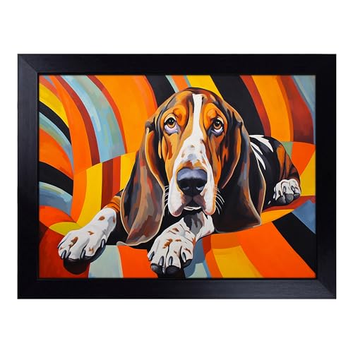 Lap Tray with Bean Bag Cushion, Basset Hound Contemporary - Handmade in the UK, Raised Wooden Edge, Padded Cushion, Heat-Resistant Wipe-Clean Surface, for Meals, Laptops and Crafts