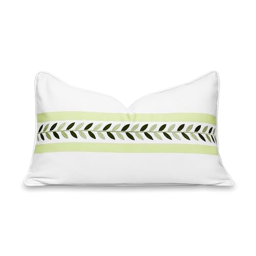 "Hofdeco Premium Coastal Patio Indoor Outdoor Throw Pillow Cover Only, 12""x20"" Water Repellent for Backyard, Couch, Green Embroidered Frame Leafs with Piping"