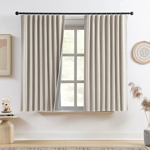 RAIN CITY Beige Blackout Curtains, 2 Panels, 50x63, Farmhouse Style, Room Darkening, Linen Burlap Textured, Back Tab Rod Pocket