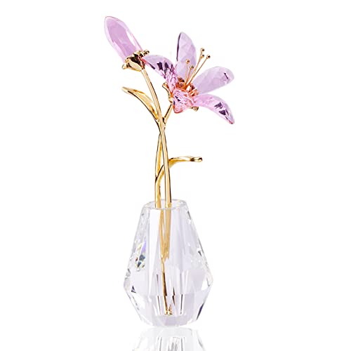 Movdyka Wedding Gifts for Couple, Crystal Pink Lily Flower Gifts for Woman,Handmade Lily Flower Figurine with Vase, Collectable Ornaments Home Decor Tabletop Centerpiece