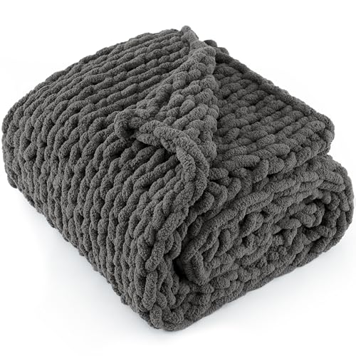 "LONG CREATE Chunky Knit Throw Blanket 50""X 60"", 100% Handmade with Soft Chenille Yarn, 4.4lbs Thick Cable Knitted Blankets, Large Rope Knot Crochet Throws for Couch Sofa Bed Home Decor, Dark Grey"