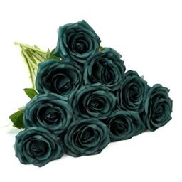 IUKnot Artificial Rose 10pcs Open Flower Bouquet Faux Rose Stems for Wedding Arrangement, Bridal Bouquet, Centerpiece, Fake Faux Silk Flowers (Emerald Green)