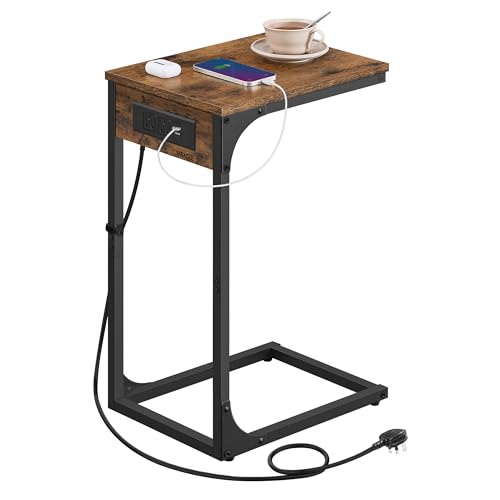 VASAGLE C-Shaped Side Table, End Table with Charging Station, for Couch, Sofa, Adjustable Feet, for Bedroom, Living Room, 2 USB Ports and Outlets, Rustic Brown LET362KD01