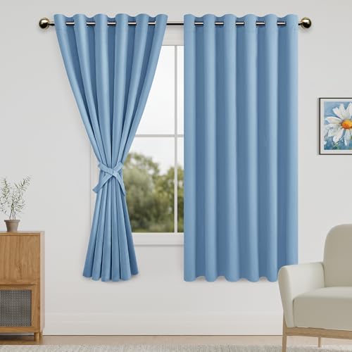 DWCN Blackout Curtains for Bedroom with Tiebacks - Room Darkening Privacy Grommet Top Window Curtains for Living Room, 70 x 63 inch Length,Light Blue,Set of 2 Panels