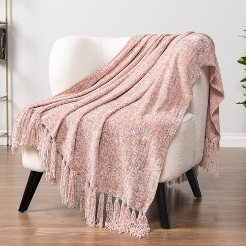 PAVILIA Blush Pink Chenille Throw Blanket for Couch, Soft Light Pink Knit Blanket with Tassel Fringe, Woven Chenille Knitted Decorative Blanket for Sofa Bed Living Room, Decor Gift, 50x60