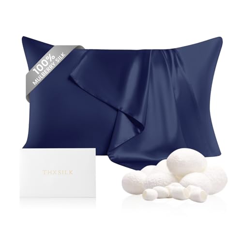 "THXSILK 100% Mulberry Silk Pillowcase for Hair and Skin, Both Sides 22 Momme Pure Natural Silk Pillowcases with Hidden Zipper, Soft Breathable Zipper Pillow Case, Queen Size 20""x30"", Navy Blue"