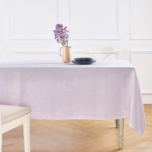 Solino Home 100% Pure Linen Tablecloth, 60 x 90 in, Pink and White Striped - Narrow Stripe Table Cloth for dining tables, celebrations and entertaining woven stripe, mitered corners OEKO-TEX Certified