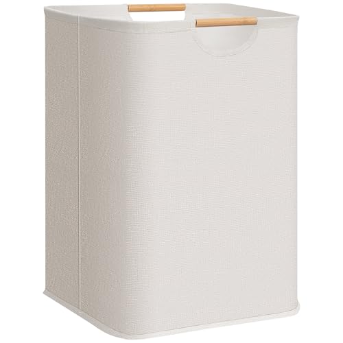 STORAGE MANIAC 1-Pack Large Laundry Hamper, 100L (26.4 Gal) Collapsible Laundry Basket with Bamboo Handles, Freestanding Waterproof Clothes Hamper for Laundry Room, Bedroom, Dorm, Towels, Toys, White