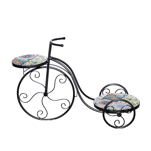 Mosaic Tricycle Plant Stand 65cm Metal Ceramic Tile Top Plant Display Accent Table for Balcony, Terrace, Porch, Garden, Patio, Home DΓ©cor