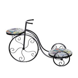 Mosaic Tricycle Plant Stand 65cm Metal Ceramic Tile Top Plant Display Accent Table for Balcony, Terrace, Porch, Garden, Patio, Home Décor