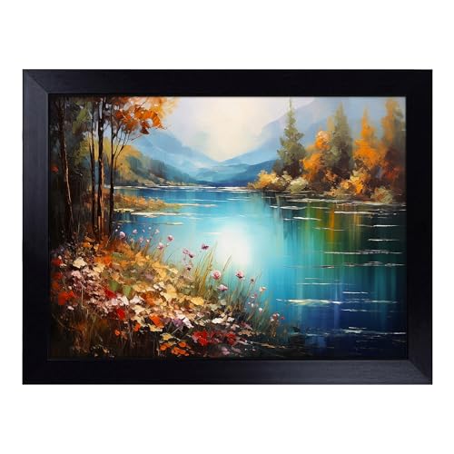 Lap Tray with Bean Bag Cushion, Lake Impressionism - Handmade in the UK, Raised Wooden Edge, Padded Cushion, Heat-Resistant Wipe-Clean Surface, for Meals, Laptops and Crafts