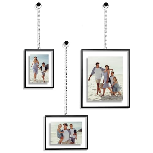 Americanflat Metal Floating Frame with Chain - Set of 3 - Use as 8x10, 5x7 or 4x6 Frame - Pressed Flower Display for Wall Decor - Elegant Black Molding with Shatter-Resistant Glass