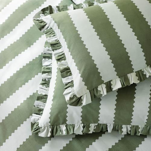 furn. Wylder Birdie Stripe Pillowcase Pair – Reversible Ruffle Edge Cotton Rich Striped Pillow Covers (Baygreen/Mist – 50x75cm)
