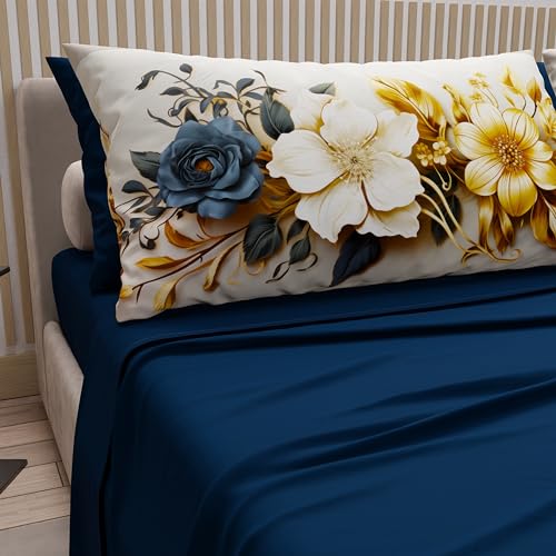 PETTI Artigiani Italiani - Cotton Sheets with Pillowcases in Digital Print, Double Maxi, Complete Top and Bottom Sheet with Corners, Ceramic 04 Night Blue, 100% Made in Italy