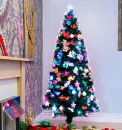 SHATCHI 5Ft/150cm Fibre Optic Christmas Topper-Hanging Pastel Stars & Baubles Decorations-Pre-Lit Green Artificial Xmas Tree-Multicolor Changing Lights, PVC, 150 cm