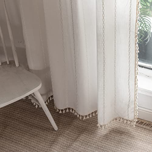 "BCLBUSTE Boho Curtains Off White Linen Curtains 96 Inches Long 2 Pannels for Living Room Bedroom, Embroidery Country Farmhouse Curtains Light Filtering Curtains Rod Pocket Drapes 52"" W x 96"" L"