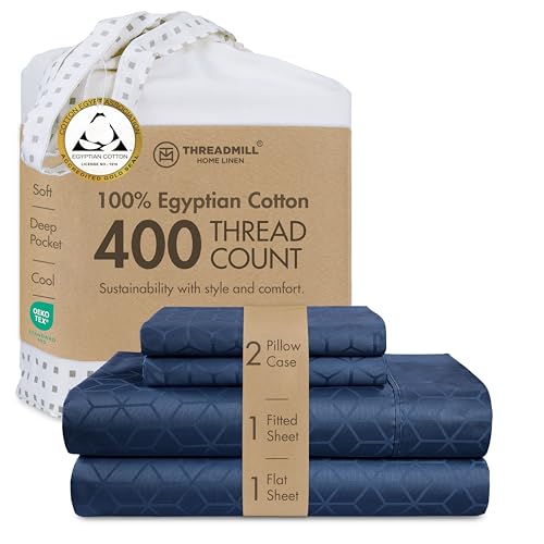 Threadmill Home Linen Queen Sheet Set - 100% Certified Egyptian Cotton, 400 Thread Count, Deep Pocket, Soft Cooling Damask Jacquard Bedding Set - Folkstone Blue