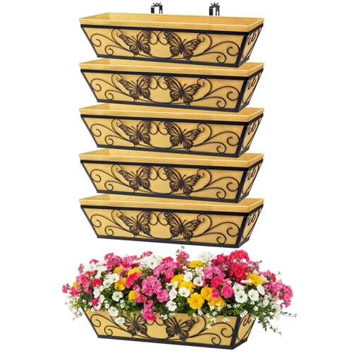 6 Pack 24 Inch Window Boxes Planter Railing Planters Box with Adjustable Brackets for Porch Deck Balcony Hanging Butterfly Decorative Flower Baskets & Non-Woven Fabric Liner for Outdoor Plants - Black