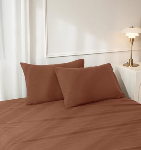 JIYUAN 100% Washed Cotton Pillowcases Set Envelope Closure Pack of 2, Linen Like Comfy and Breathable Textured Durable Bedding for All Seasons, Queen Size, Burnt Orange