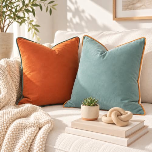 MONDAY MOOSE Decorative Throw Pillow Covers Cushion Cases, Set of 2 Soft Velvet Modern Double-Sided Designs, Mix and Match for Home Decor, Pillow Inserts Not Included (18x18 inch, Orange/Teal)