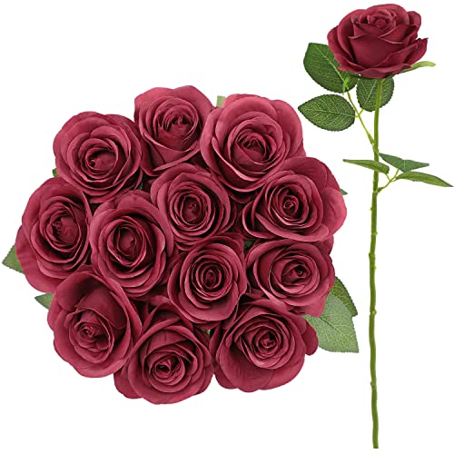JUSMAI 12pcs Roses Artificial Flowers Fake Flowers with Long Stems Burgundy Silk Flowers for Wedding Bouquet Centerpices Decorations Party Bridal Baby Shower Home Decor