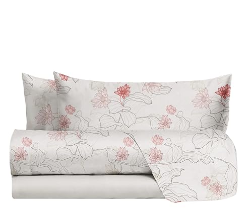 hermet Double Bed Sheet Set in 100% Cotton Pattern, Double Bed Set, Top Sheet + Fitted Sheet + 2 Pillowcases Pamela Peach
