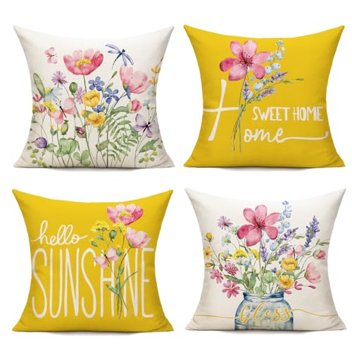 WOKANI Spring Outdoor Throw Pillow Covers 24x24 Set of 4 Garden Flowers Farmhouse Patio Decorative Cushion Covers Home Decor Couch for Sofa Bedroom Livingroom, Yellow
