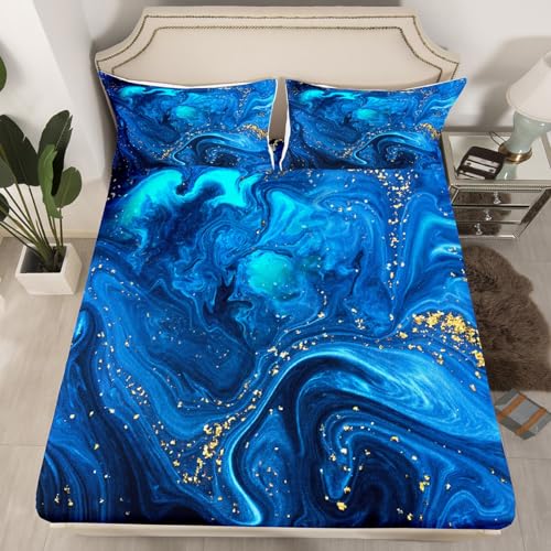 Blue Marble Bed Sheet Queen Size Stone Pattern Fitted Sheet Trippy Fluid Liquid Swirl Bedding Set for Kid Boy Girl Teen Tie Dye Bed Sheet Golden Glitter Abstract Art Fitted Sheet Bedroom Decor