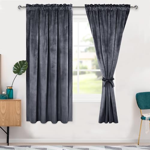 Hiasan Velvet Curtains 63 inch Blackout Rod Pocket Thermal Insulated Soft Curtains Room Darkening Window Drapes with Tiebacks for Bedroom Living Room, Set of 2 Panels, 52W x 63L, Dark Grey
