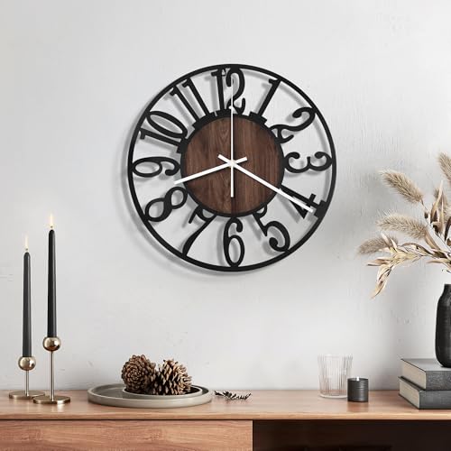 Maxstar Wall Clock Battery Operated,Silent Non-ticking Modern Rustic Metal Round Clocks Small for Living Room/Bedroom/Office/Kitchen/Farmhouse Home Decor-10 Inch(Brown-Wood)