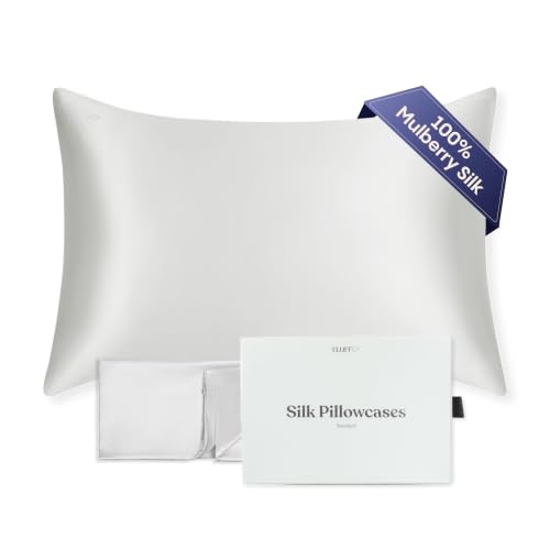 "FluffCo 100% Pure Mulberry Silk Pillowcase - Queen Size 20"" x 30"" - 22 Momme 6A Grade Natural Silk for Hair and Skin Care - Luxurious Cooling Hotel Quality Sateen Body Pillowcase - Silver"