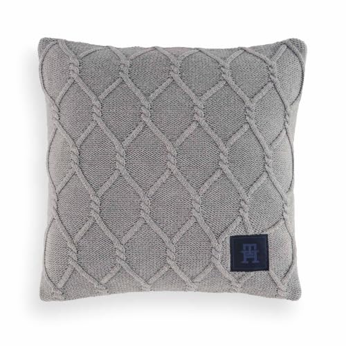 Tommy Hilfiger - Light Grey Woven 100% Organic Cotton Patch Decorative Cushion Cover Textured Iconic Cushion Cover 40x40cm