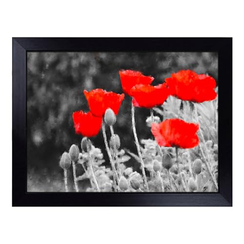 Lap Tray with Bean Bag Cushion, Red Poppy Field Art - Handmade in the UK, Raised Wooden Edge, Padded Cushion, Heat-Resistant Wipe-Clean Surface, for Meals, Laptops and Crafts