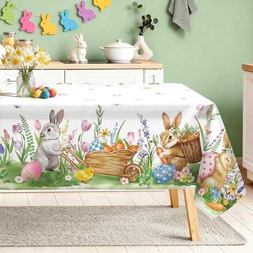 Arquiel Easter Bunny Table Cloth Rectangle Machine Washable Rabbit Spring Tablecloth, 140 * 180 cm, Polyester Easter Eggs Christian Table Cover for Kitchen Dinner Party Outdoor Decor