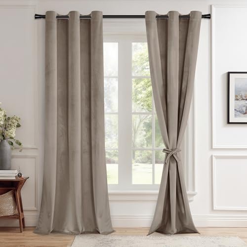 JIUZHEN Room Darkening Velvet Curtains 2 Panels Set, Luxury Window Treatment Privacy Thermal Insulated Backdrops for Living Room/Office, 42W x 90L, Taupe