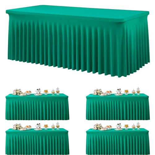 Htper 4 Pack Emerald Green Spandex Tablecloths for 6 Foot Rectangle Tables, Wrinkle Free Fitted Tablecover 6ft Green Stretchy Table Clothes with Skirt for Weddings Birthday Party Banquet Baby Shower