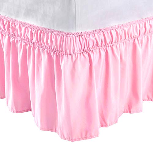 PiccoCasa Elasticated Bed Skirt Ruffled Bed Base Wrap Around Bed Valance Sheet, Brushed Microfiber Bedding Sheet Frame with 38cm Ruffle (King, Pink)