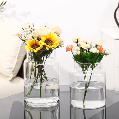 "PORPAN Large Glass Vase, Clear Glass Vase Set of 2, Large Flower Vases for Bouquet, Tall Wide Mouth Vases for Flowers, Home, Wedding, Living Room, Office Decor, 7""+9"""
