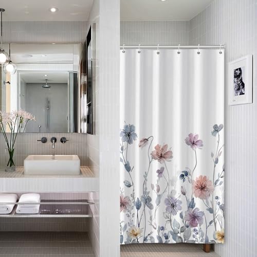 AWERT Wildflower Stall Shower Curtain for Bathroom Watercolor Floral Half Size Shower Curtain with Hooks Waterproof Flower Printing Fabric Bathroom Shower Curtain 36x72inch