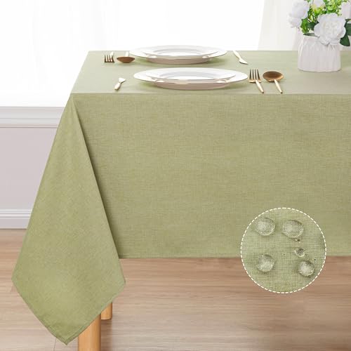 DWCN Rectangle Faux Linen Tablecloth - Textured Waterproof Spill-Proof Wrinkle and Stain Resistant Table Cloth Decorative Fabric Farmhouse Table Cover for Kitchen Dining Party, 52 x 70 Inch, Green