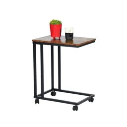 FurnitureR Mobile C-Shape End Side Table with Wheels, Industrial Wood Top, Metal Frame, Black