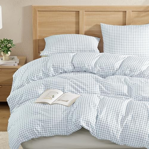 Andency Gingham Duvet Cover Queen Size, Blue Checkered Plaid Bedding Set, 3 Pieces Soft Prewashed Microfiber Comforter Cover with Zipper Closure & Corner Ties