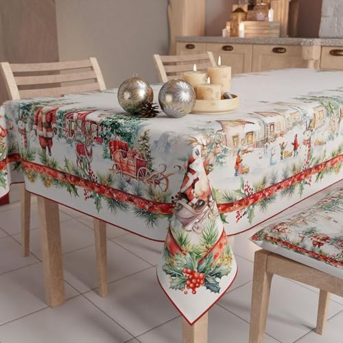 PETTI Artigiani Italiani - Christmas Tablecloth Stain Resistant Rectangular Table Cover for Kitchen, Santas Land Design, 140x300 cm, 100% Made in Italy
