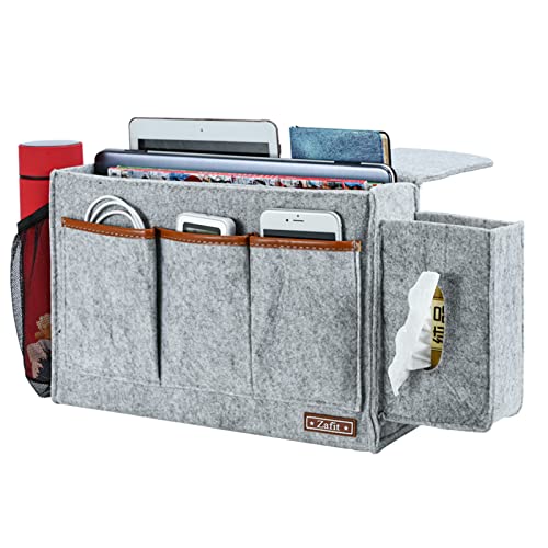 Zafit Bedside Caddy, Large Size Bedside Storage Organizer Bedside Organizer Caddy for Magazine Remotes Phone (13.4'' x 18.1'' Tissue box holder, Light Grey)