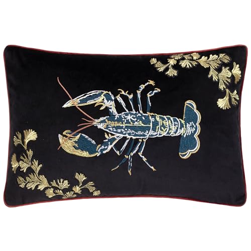 Paoletti Atlantica Embroidered Velvet Feather Filled Cushion - Black - 40x60cm