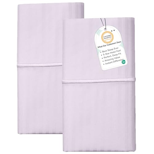Feather & Stitch 100% Cotton Standard Pillow Covers Set of 2, 500TC Envelope Closure Pillowcases, Soft Luxury Damask Stripe Sateen Weave Pillow Case for Sleeping, 20x30 Inches - Lavender Stripe